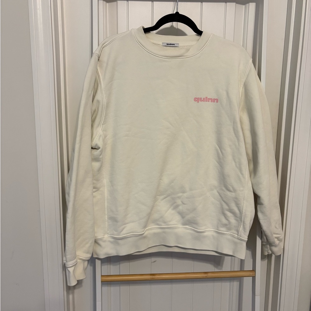 Quinn Cream Crewneck Sweater with Pink Logo